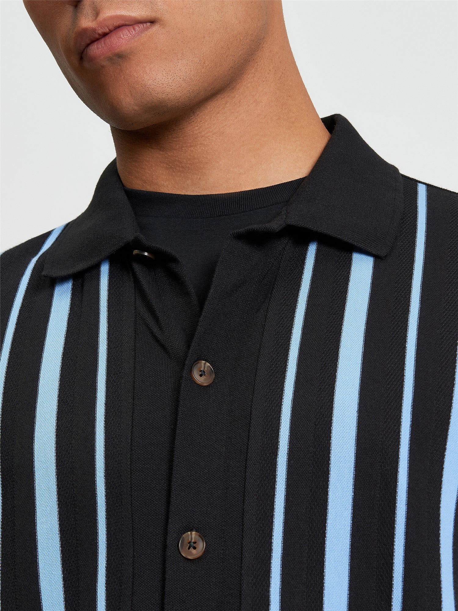 Button Through Stripe Polo in Black - Image 3