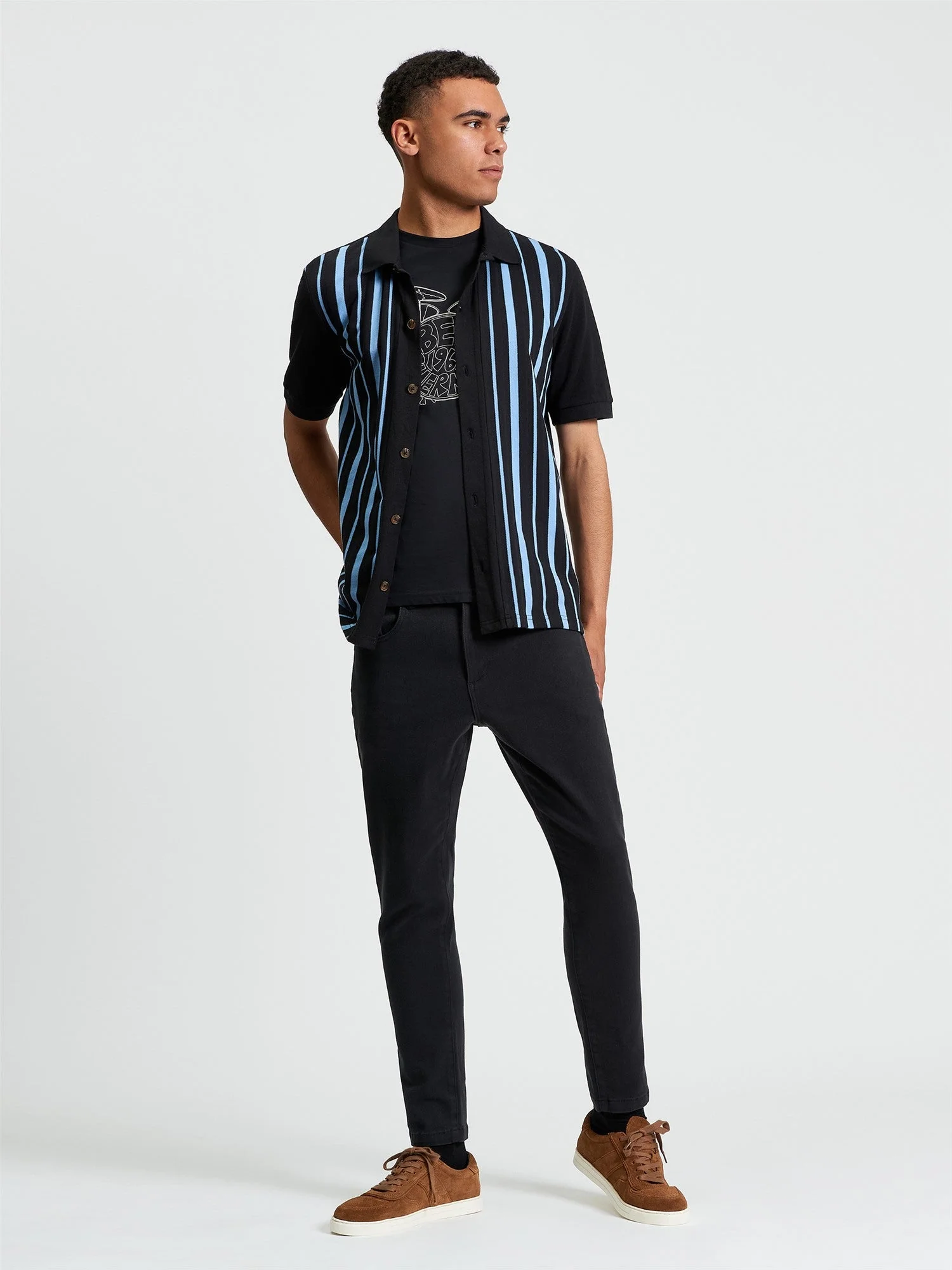 Button Through Stripe Polo in Black - Image 4