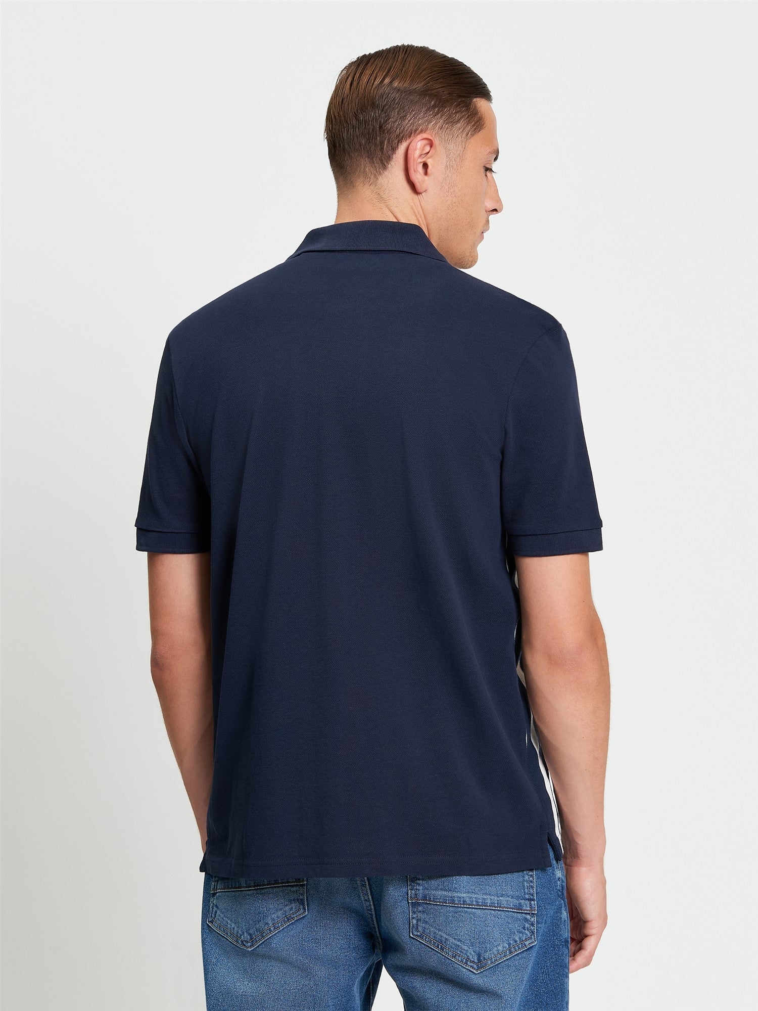 Button Through Stripe Polo in Dark Navy - Image 2