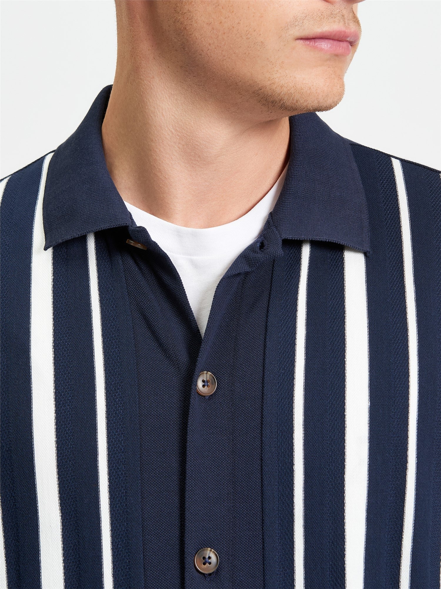 Button Through Stripe Polo in Dark Navy - Image 3
