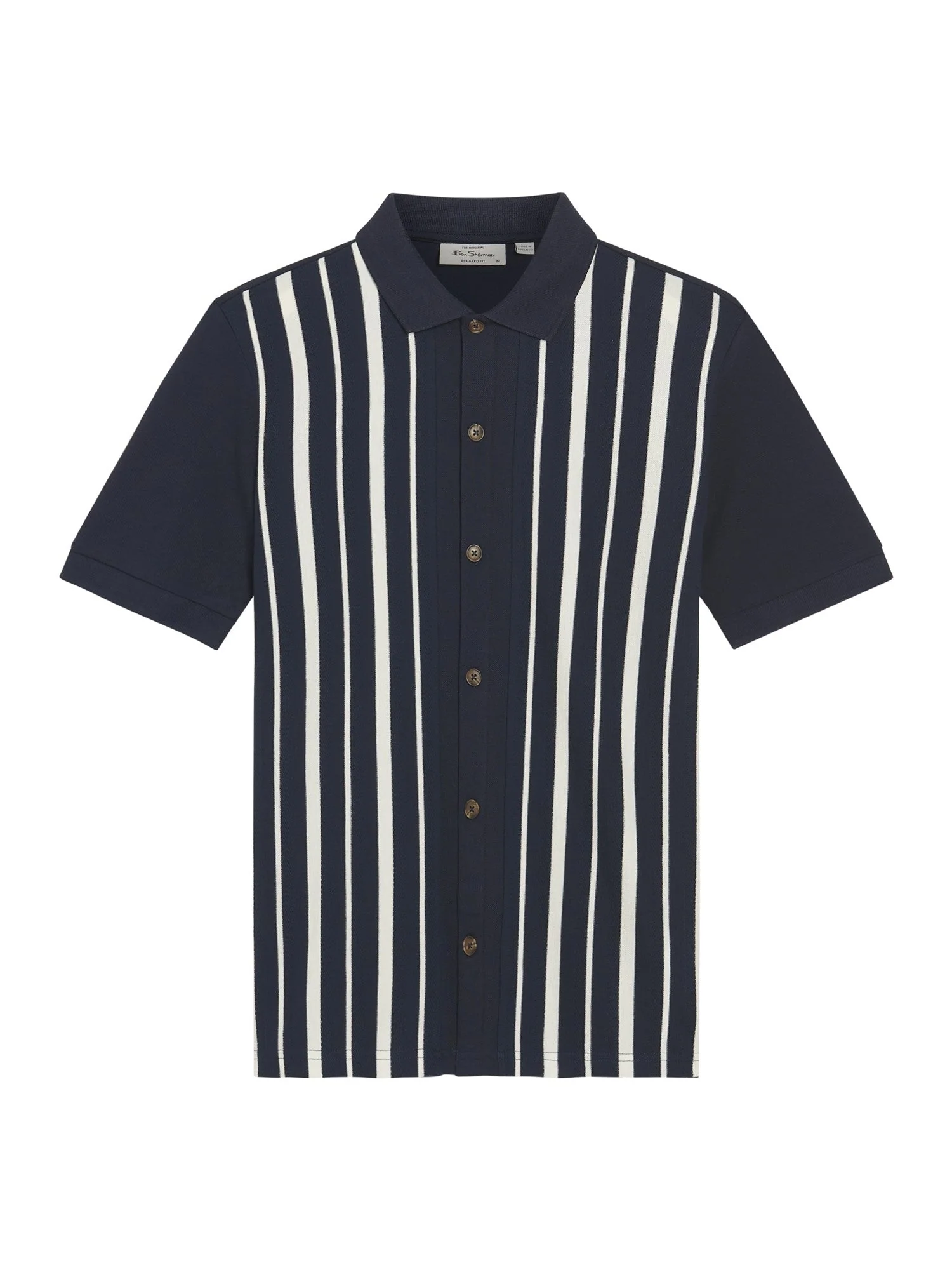 Button Through Stripe Polo in Dark Navy - Image 5