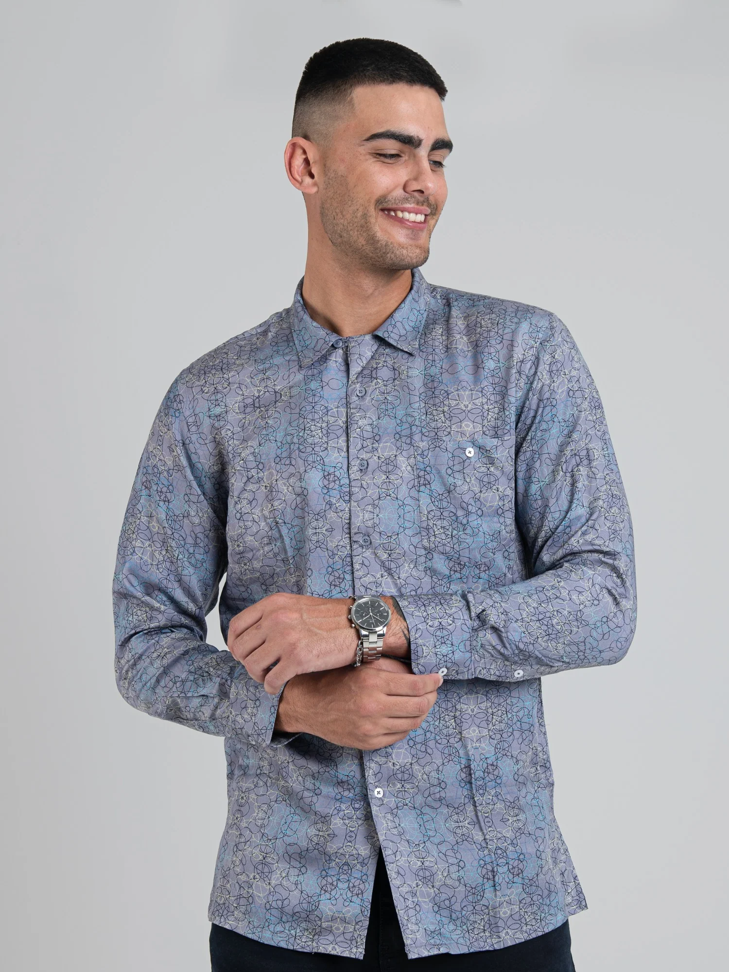 JAVIER TENCEL PRINT LS SHIRT - Ash Grey