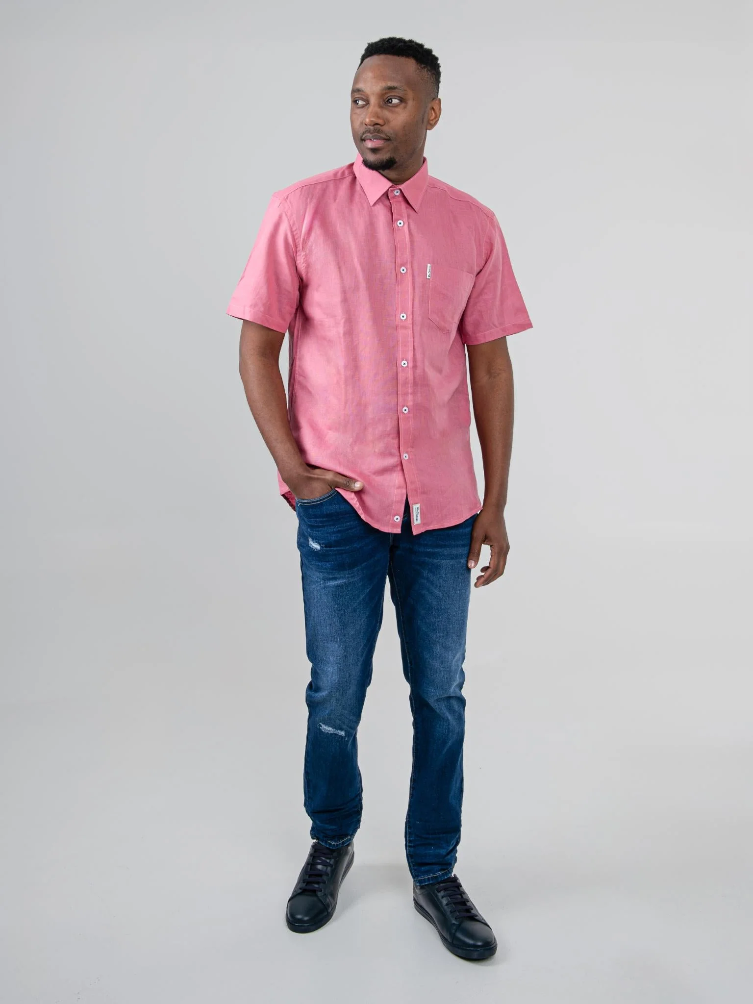 LINEN SHIRT SHORT SLEEVE - Salmon - Image 3