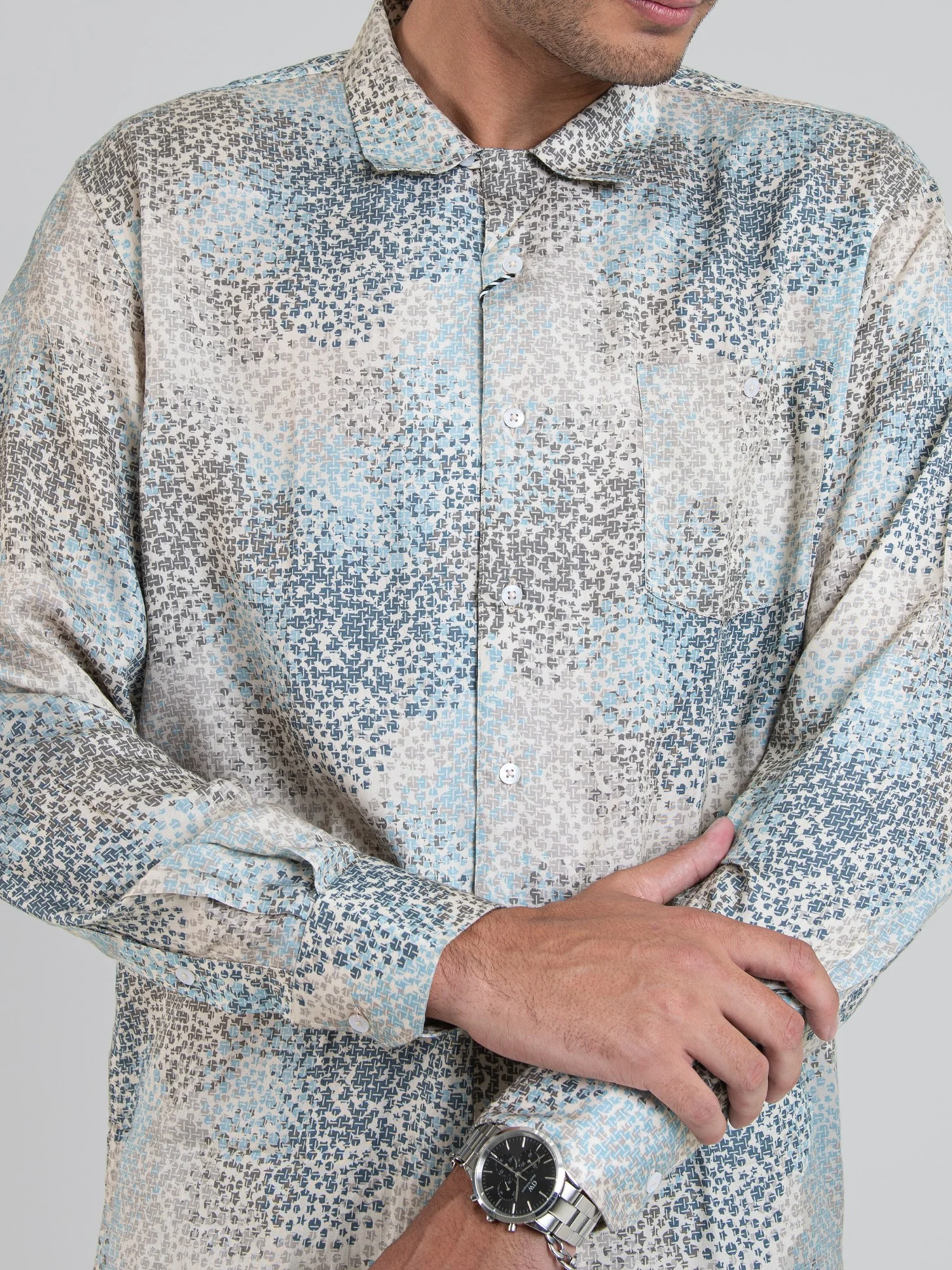 PABLO TENCEL PRINT LONG SLEEVE SHIRT - Beige / Sky - Image 3