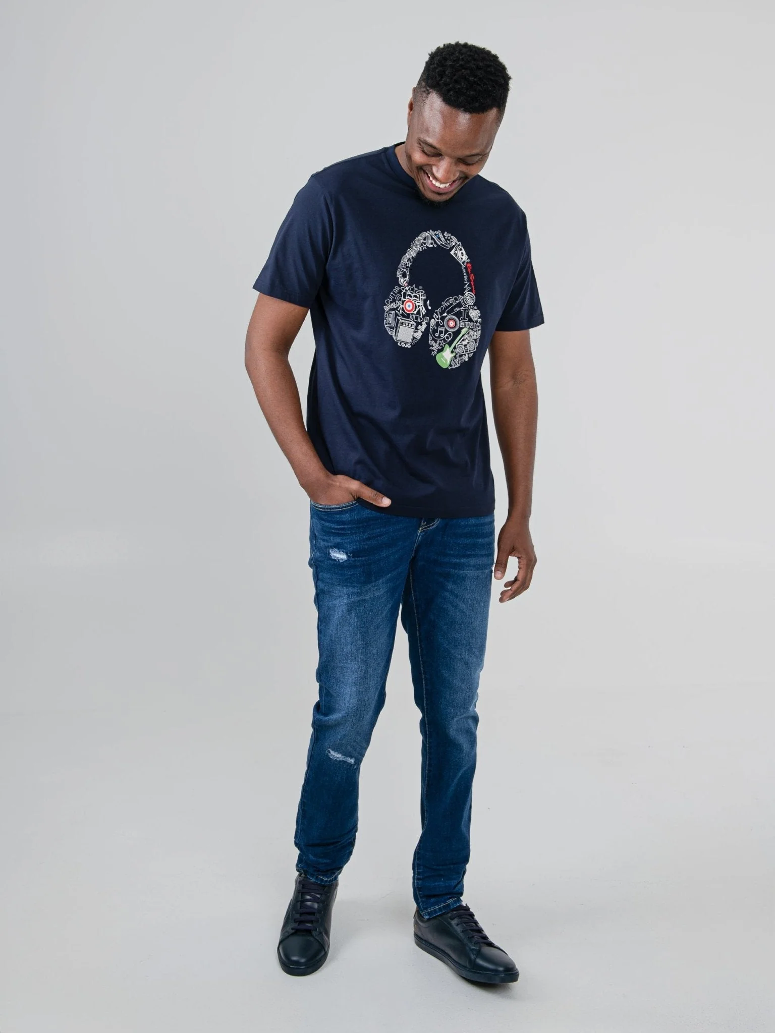 Typography Headphones Tee - Navy - Image 4